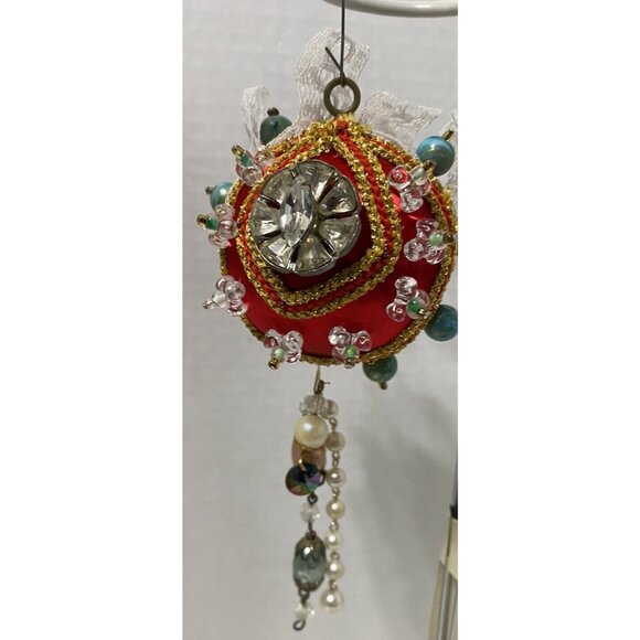 VTG MCM Satin Push Pin Ornament Red Teardrop Beaded Sequin Rhinestone Handmade - Picture 5 of 6